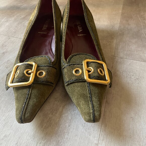 Prada Green Suede Gold Buckle Kitten Heel Mules. - Picture 3 of 7